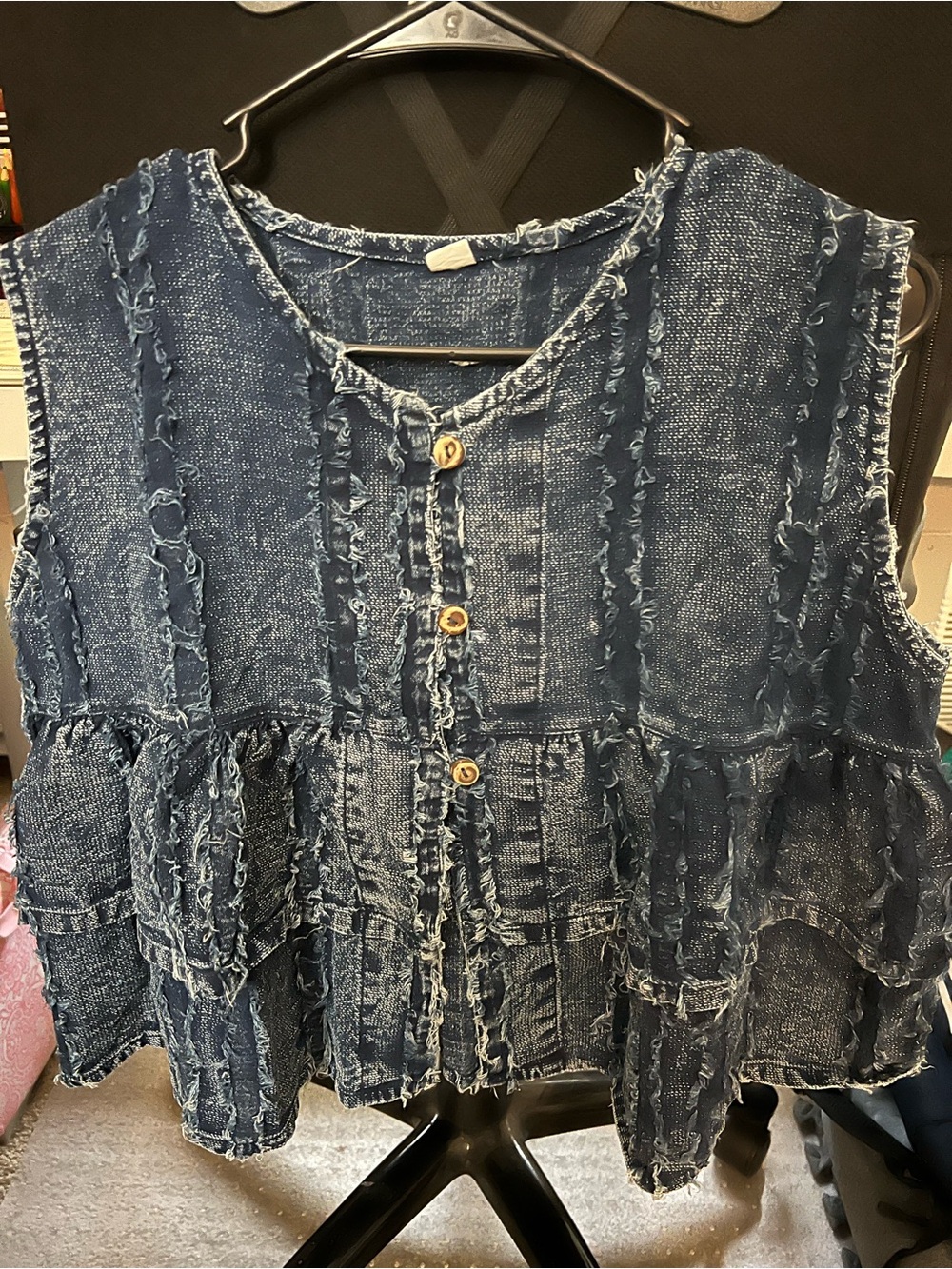 Acid Wash Denim Peplum Top Sleeveless Frayed Ruffle Button Front